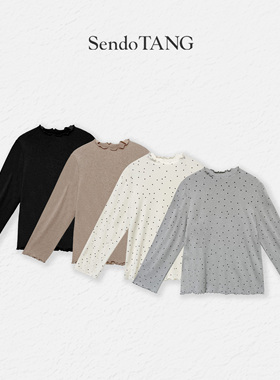 木耳边波点圆领长袖T恤胖多女装新款时尚宽松百搭上衣【温柔调】