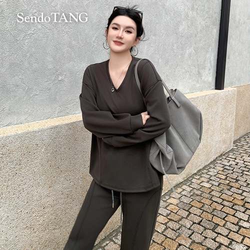 早秋穿搭一整套慵懒感上衣休闲裤套装胖多女装减龄百搭【榛林染】