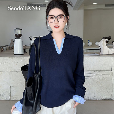 V领毛织衫上衣胖多女装松弛感时髦假两件拼接条纹针织衣【温颜】