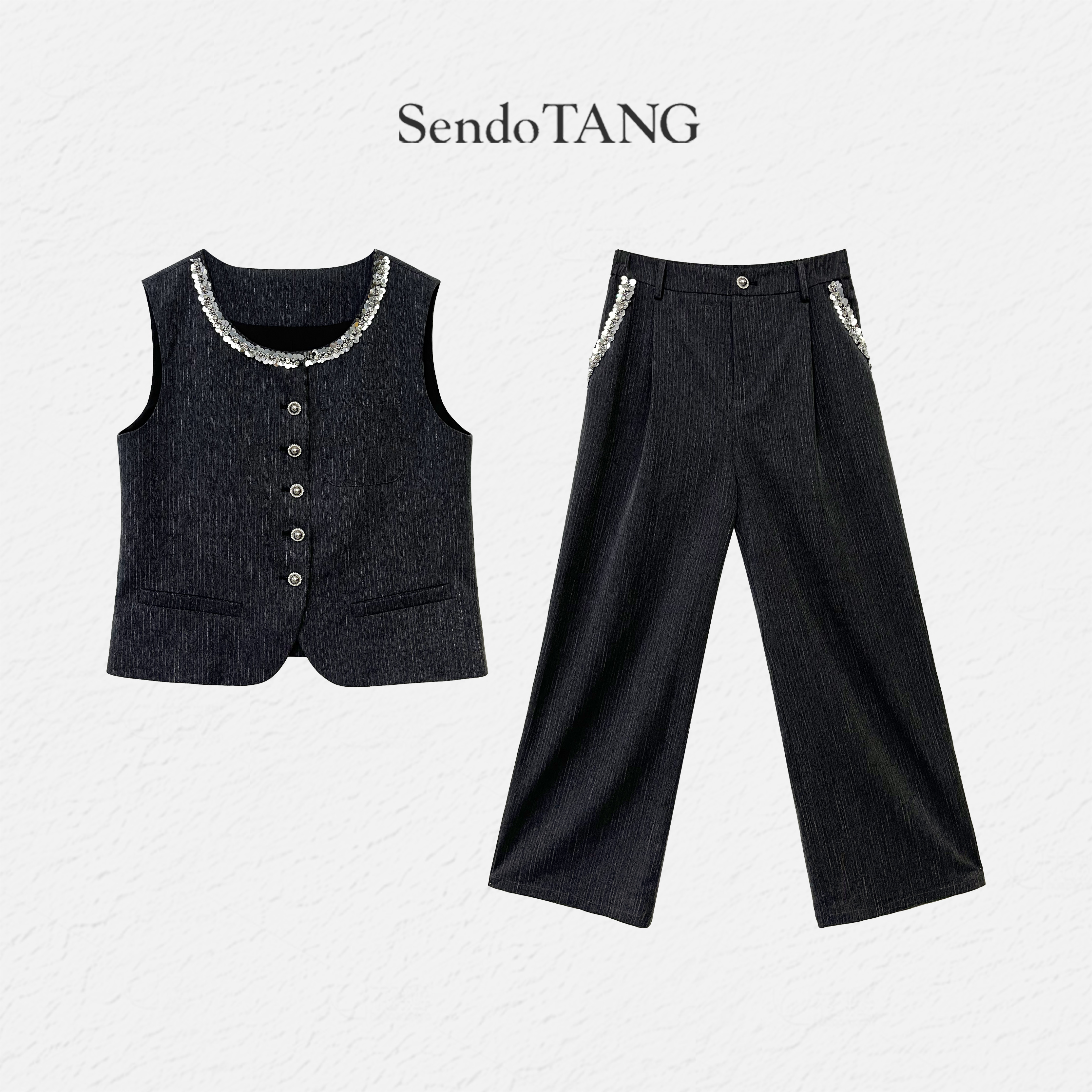 现货重工钉珠【月落银辉】胖多女装新款时尚高级感马甲休闲裤套装