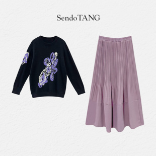 百搭时尚 软糯针织毛衣半裙胖多大码 鸢尾油画 深秋搭配一整套