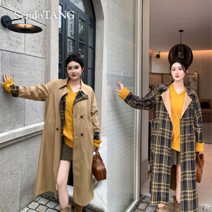 气质名片 时髦百搭外套 新款 卡其色格纹正反两穿风衣胖多女装