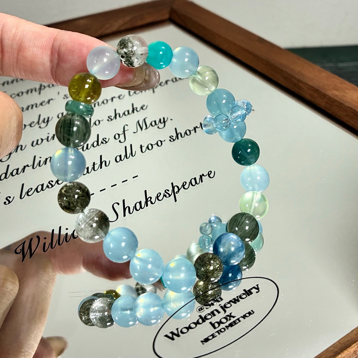 五行喜水木天然海蓝宝绿幽灵水晶手串女款时尚饰品送女友闺蜜礼物