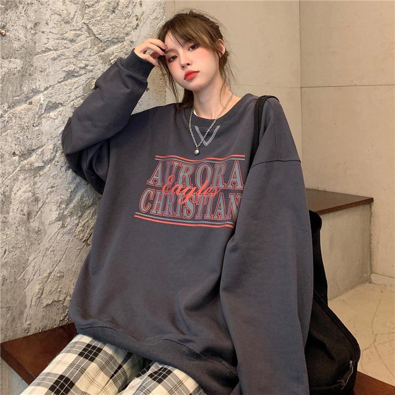 Photo of 100% polyester Plush 250g winter letter printed sweater women's round neck with velvet thickening