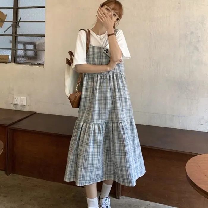 Official figure 2021 Plaid strap skirt female student summer small loose medium long college style vest dress