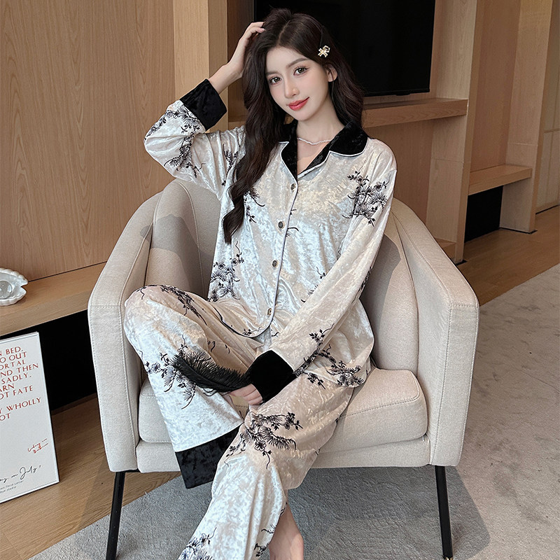 金丝绒睡衣女秋冬季网红休闲翻领妈妈轻奢金钻绒春秋款套装家居服