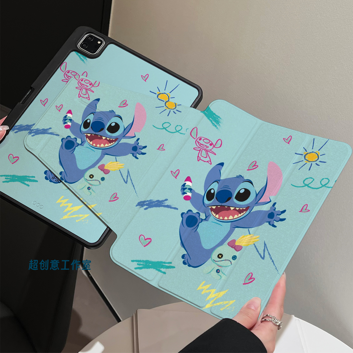 超创意【360旋转】适用2022ipad10保护套11代a16史迪仔pro11带笔槽air45亚克力mini67三折9.7全包9代10.2寸
