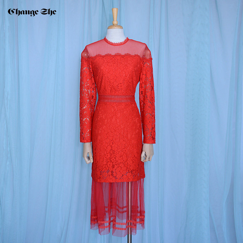 change she千细2020春季新款长袖收腰传统婚纱裙典雅蕾丝网纱礼裙
