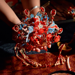 嗷呜古风手作原创汉服发冠流苏发钗发簪发饰头饰耳环绒花凤冠花冠