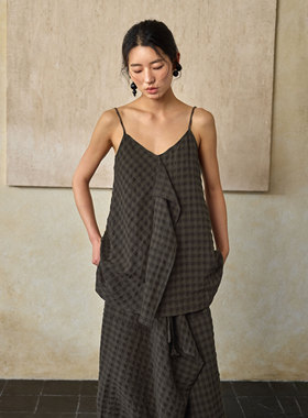 松弛感~2026夏棉麻格纹吊带背心女 可调节肩带飞边A摆设计感上衣