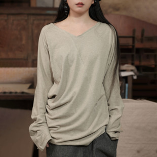 InchLim T恤v领上衣 2025秋冬 工匠解构褶皱棉麻长袖 不对称设计