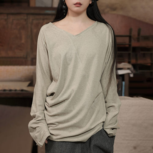 不对称解构褶皱棉麻长袖T恤