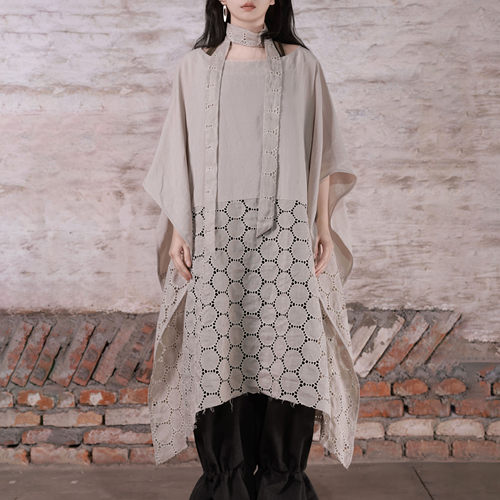 亚麻拼接防晒宽松罩衫