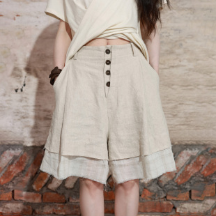 不规则造型门襟拼接短裤 InchLim 汉麻半隐扣休闲裤