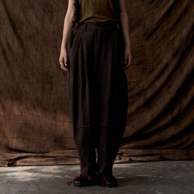 巧克力棕亚麻交叉褶宽松休闲裤
