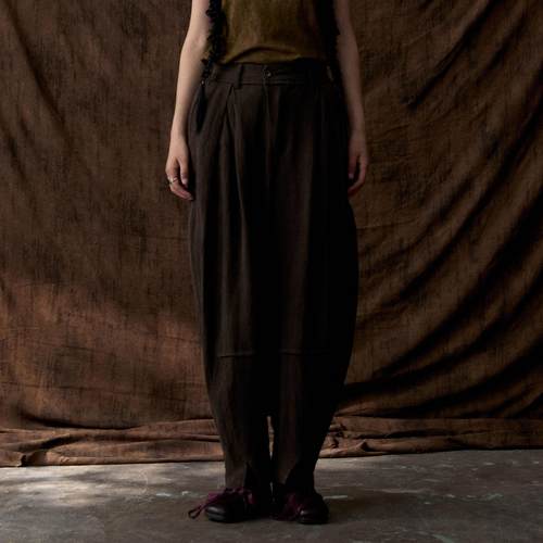 InchLim 巧克力棕工匠感交叉褶开叉宽松长裤 亚麻休闲裤子