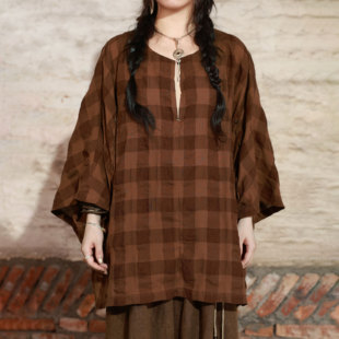 色织棉麻宽松上衣 袖 v领T恤 格纹宽袖 InchLim 口抽褶设计