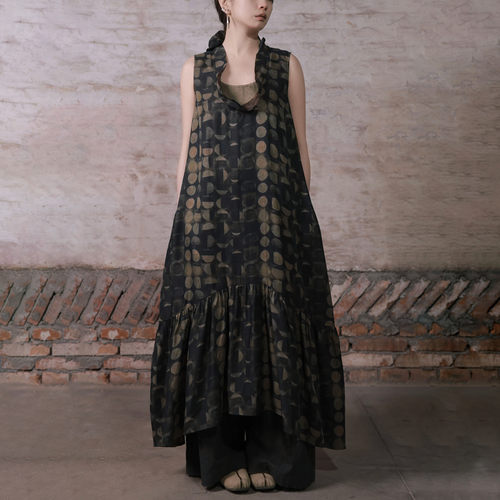 无袖宽松连衣裙圆点印花长裙