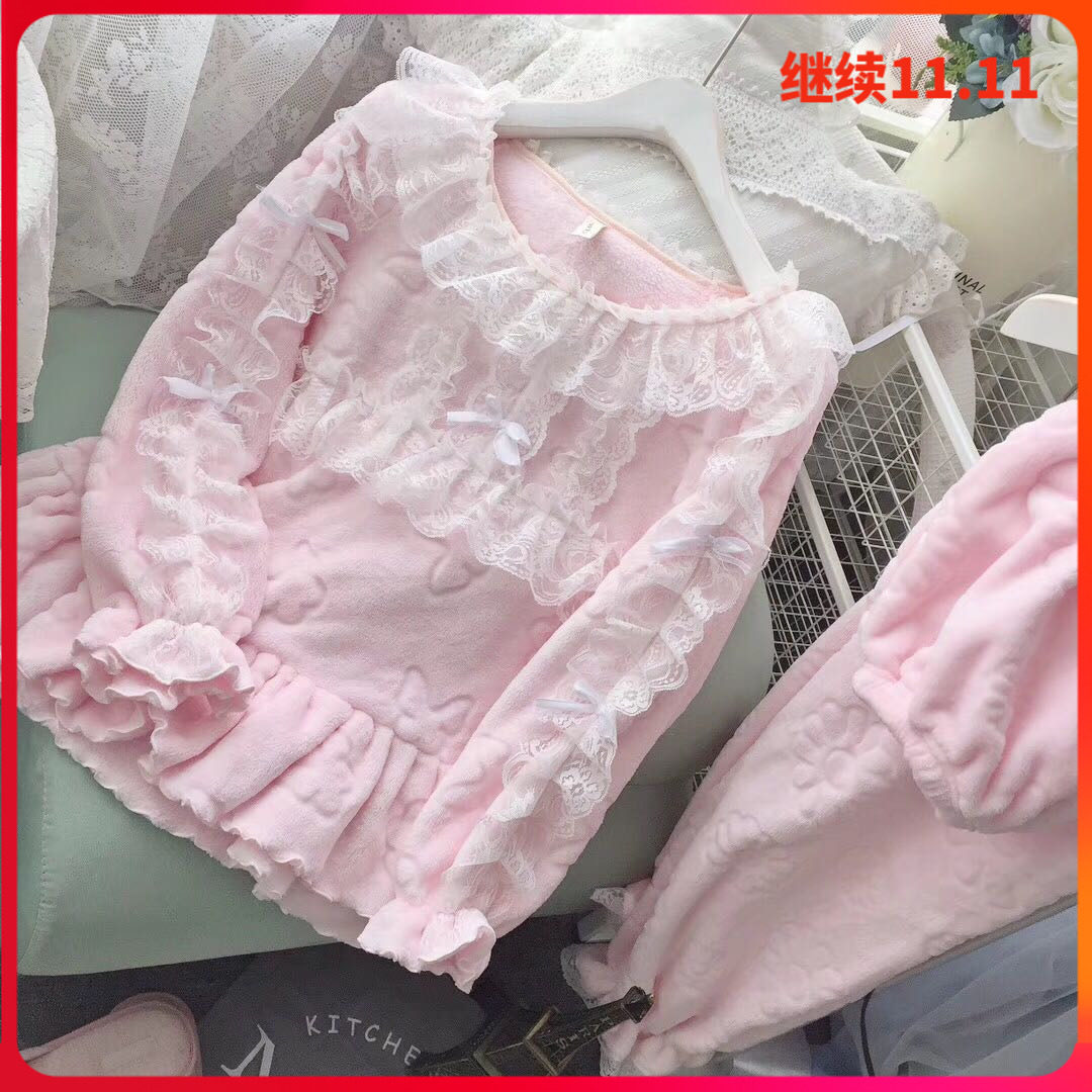 出口韩国睡衣女秋冬甜美可爱宫廷风少女家居服珊瑚绒法兰绒睡衣