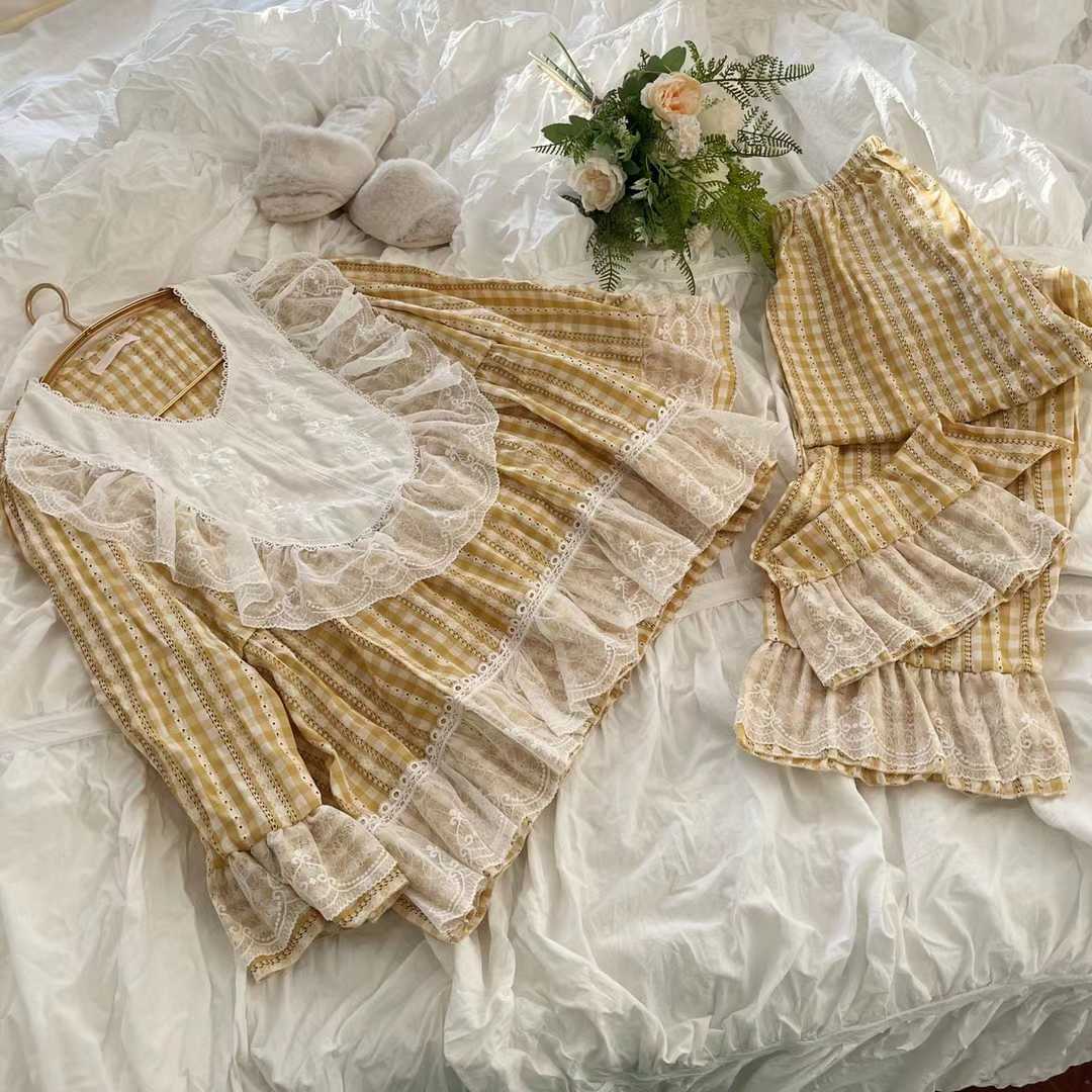 仙女风睡衣女春夏纯棉套装蕾丝甜美公主风韩版少女家居服两件套