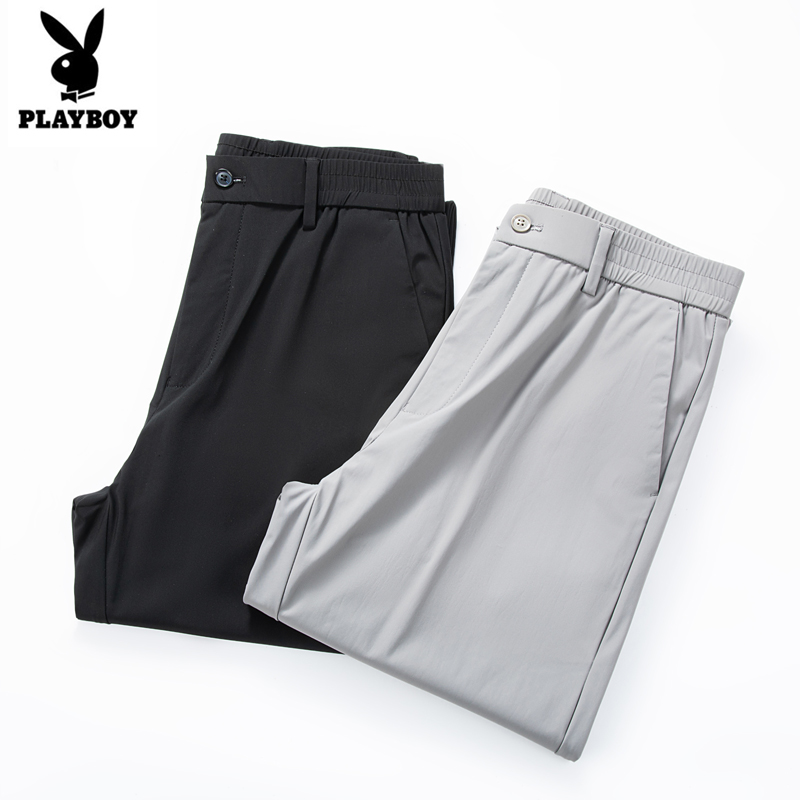 花花公子夏季薄款冰丝弹力松紧腰男士休闲裤商务西裤修身直筒长裤