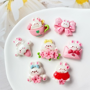 亮面樱花兔小白兔杯子兔diy配件发夹贴片卡通树脂饰品手工发夹