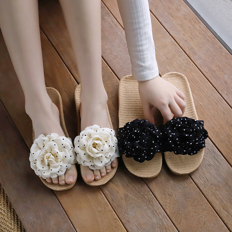 甜美风花朵装饰亚麻拖鞋女夏外穿防滑软底居家凉拖鞋