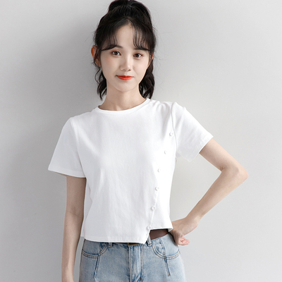 纯棉短袖t恤女装2025夏季新款卡腰设计感小众洋气短款不规则上衣