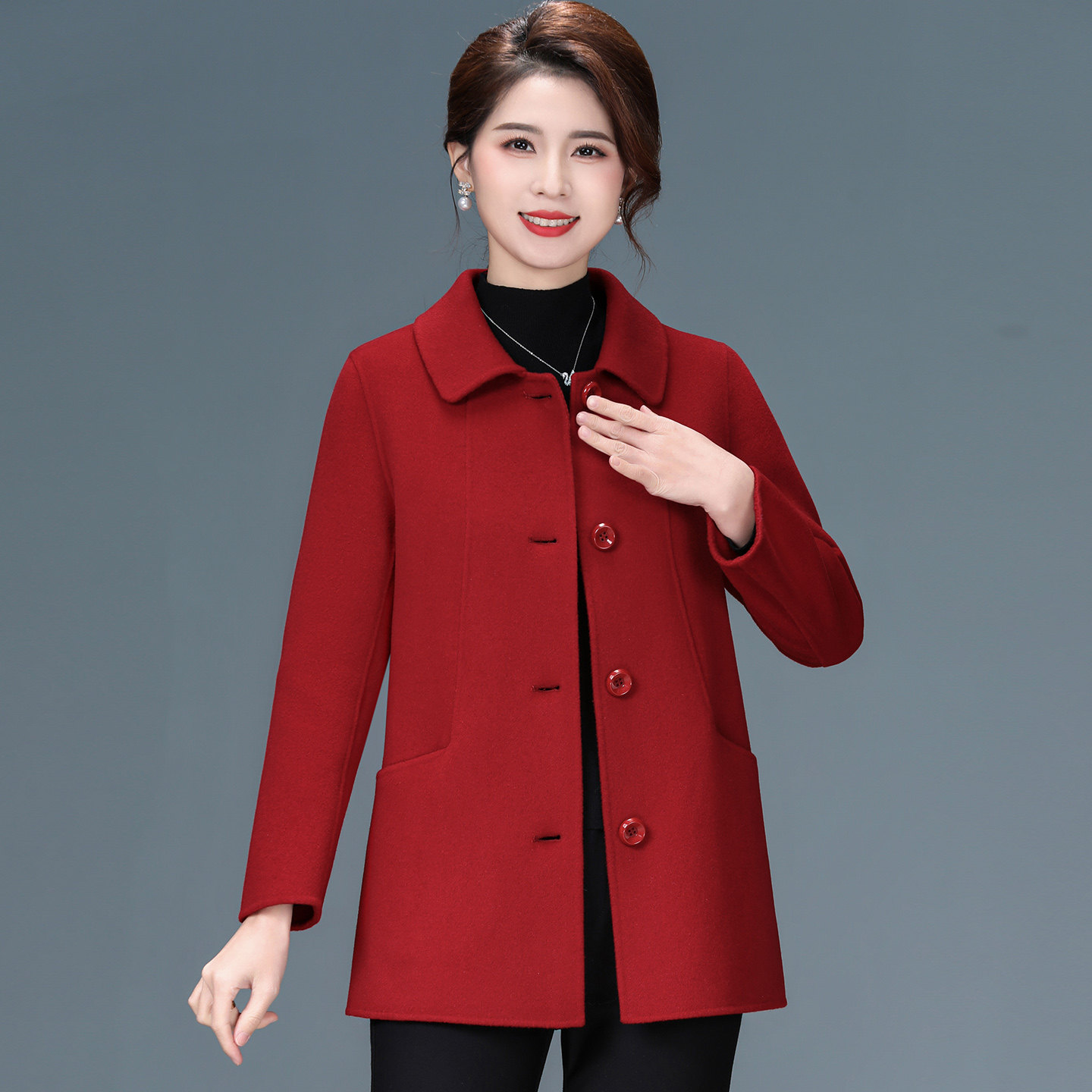 秋冬新品妈妈羊毛呢外套中老年女装短款双面呢零羊绒大衣酒红上衣,女装/女士精品,中老年女装,淘宝优惠券,粉丝福利购,淘宝优惠卷