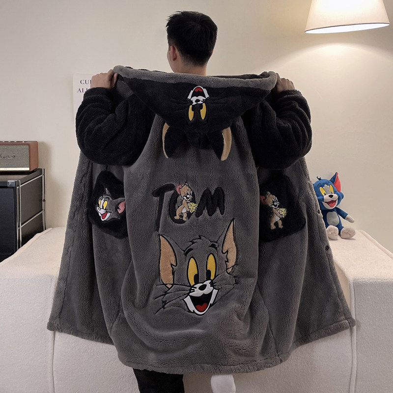 男士睡袍秋冬款珊瑚绒加厚加绒保暖卡通学生睡衣家居服套装浴袍