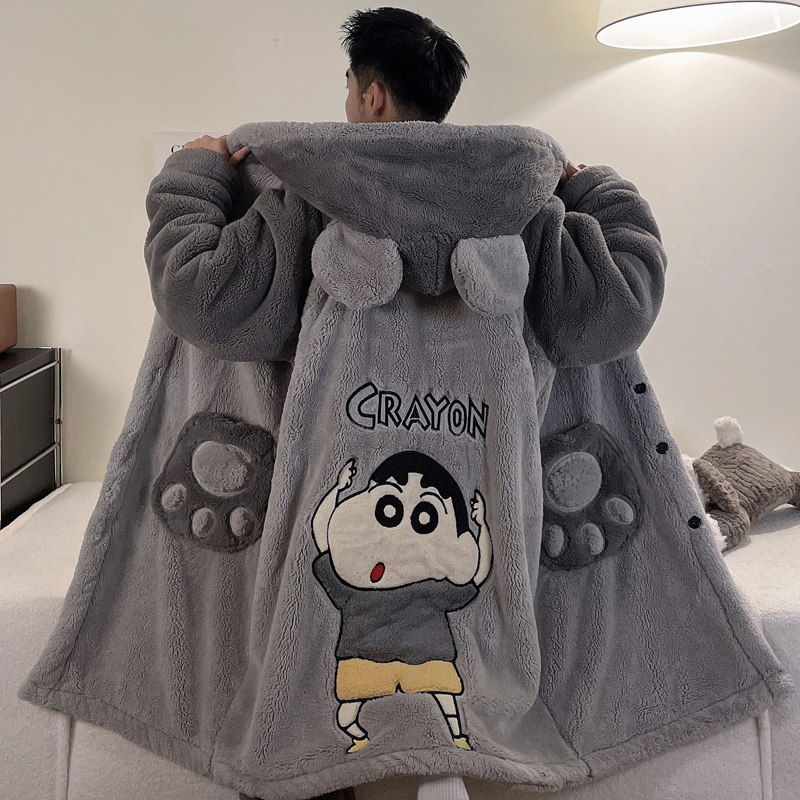 珊瑚绒男士睡袍秋冬季加厚睡衣可爱卡通青少年加大码长款浴袍套装