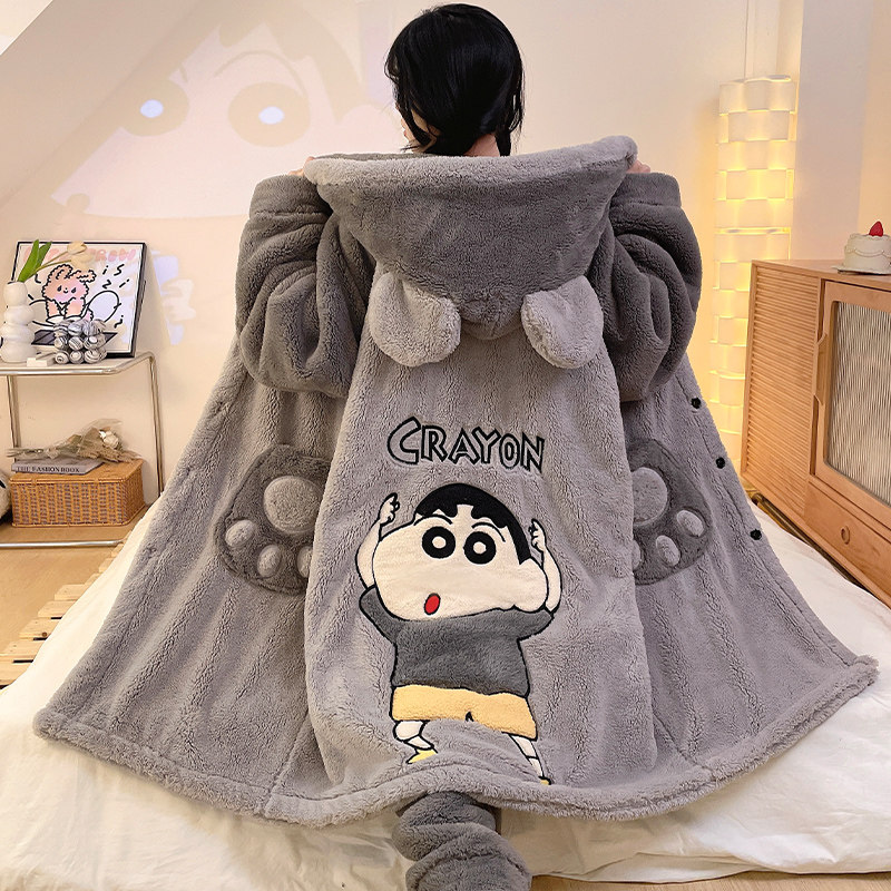 珊瑚绒睡衣女秋冬季加绒加厚睡袍法兰绒可爱卡通加大码家居服套装