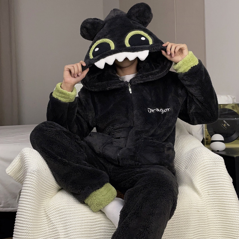 拉链珊瑚绒睡衣男款秋冬季加厚加绒男士卡通学生法兰绒家居服套装