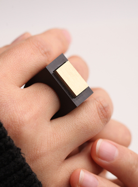 村下田言男女黑檀木金属镶嵌戒指