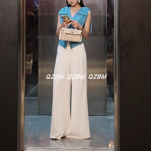 2026夏季女装高级感蝴蝶结上衣高腰阔腿裤套装气质名媛小香风