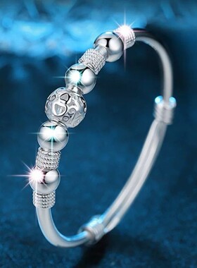 新款转运珠纯银手镯女灯笼推拉款时尚镯子情人节送女友生日之礼物