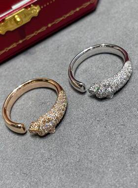 新款猎豹头纯银镀18K玫瑰金戒指镶钻对戒窄版豹子轻奢ins风高级