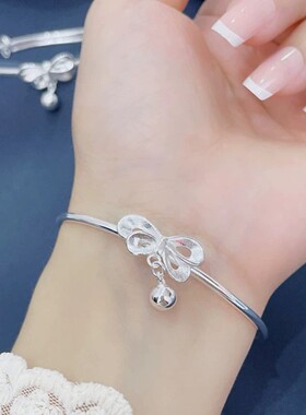 S999气质银镯蝴蝶结手环女纯银小众设计高级感年轻款银手镯