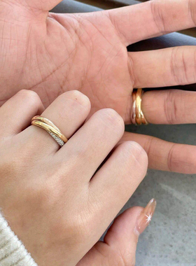 新款三环三色纯银镀18K玫瑰金戒指黑银对戒三圈指环轻奢高级男女