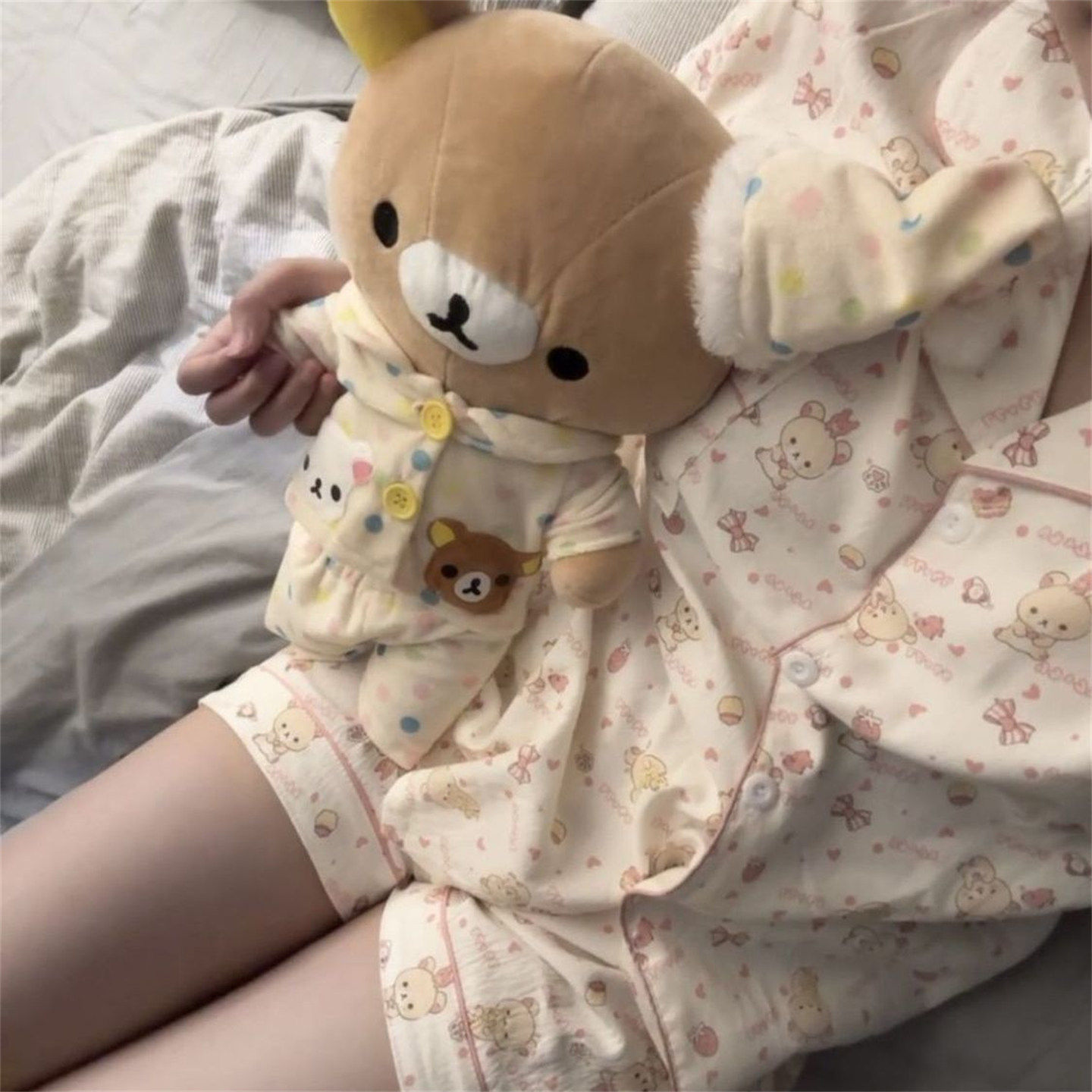甜美新款可外穿网红卡通轻松熊睡衣女夏季爆款短袖短裤家居服套装