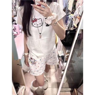 美式kitty猫高腰显瘦阔腿短裤女