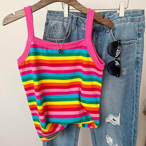 吊带背心打底莱卡单件彩虹条纹