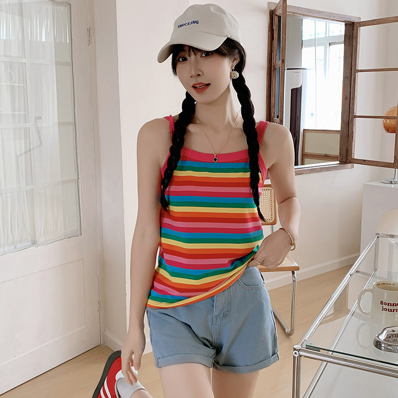 95%棉彩虹条纹吊带背心女夏季新款外穿内搭打底衫辣妹无袖上衣