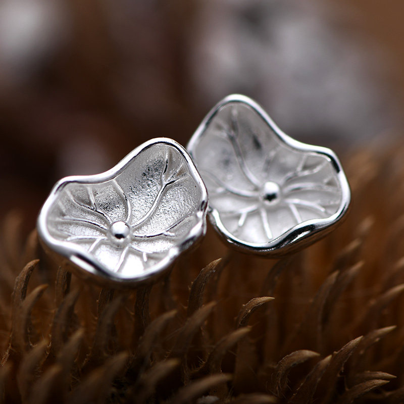 999纯银耳钉荷叶莲叶清新优雅高贵森系生动中国风耳饰足银防过敏