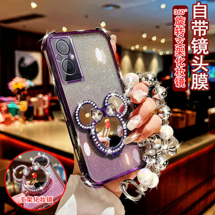 适用于oppo a96手机壳PFUM10镶钻米奇旋转支架镜子防摔保护套镜头全包网红女款时尚风新款潮流四角加厚软硅胶