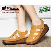软底女鞋 极骆驼女士真皮凉鞋 休闲沙滩鞋 摇摇鞋 夏季 百搭厚底坡跟鞋