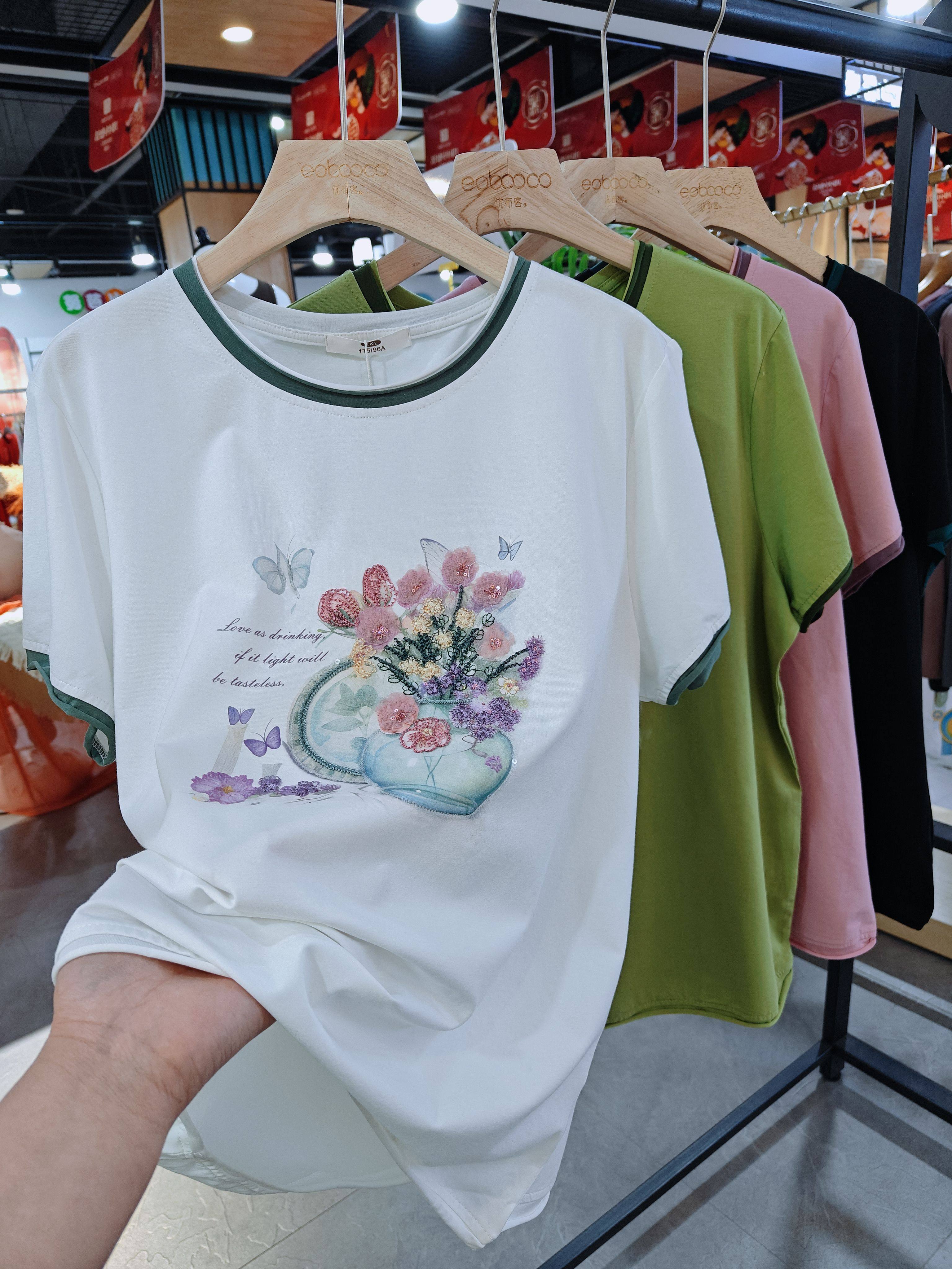 2025正品花茵莫代尔短袖女士夏薄中老年大码刺绣妈妈圆领T恤25006