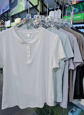 好彩2026夏新款654女T恤亚麻螺纹棉妖精纽扣健身瑜伽服短袖打底衫