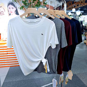 衫 短袖 刺绣小鹿精致T恤纯色百搭 6050女天丝羊毛薄款 2026色柚夏款