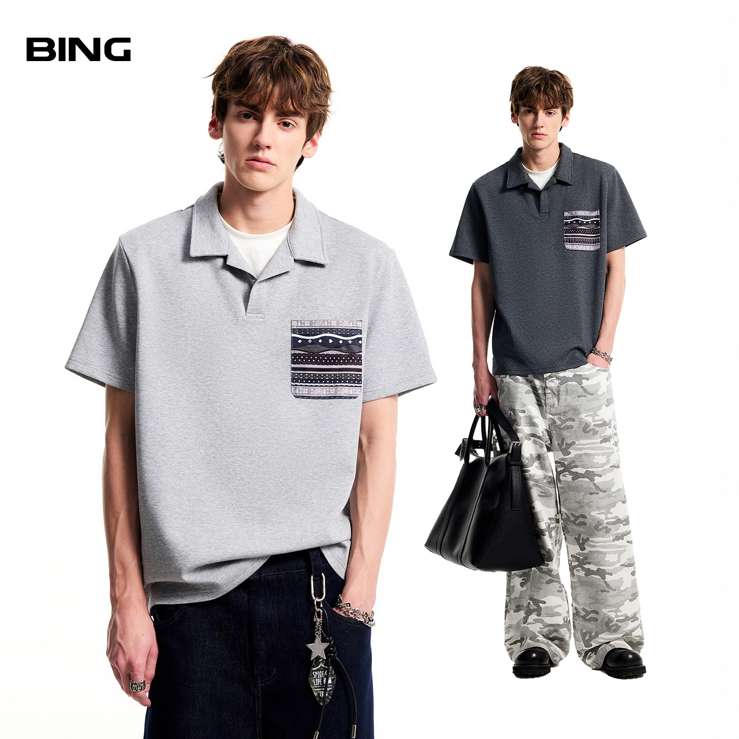 BING 正肩短袖T恤男士2026年夏季新款费尔岛老钱风假两件polo衫t